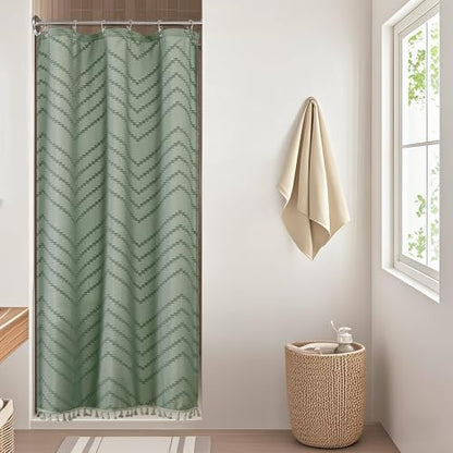 OWENIE Small Boho Stall Shower Curtain, Sage Green Fabric Cloth Stall Shower Curtain 36 x 72 Half Size with Tassel Tufted Chevron Striped Textured Modern Farmhouse for Bathroom, Machine Washable