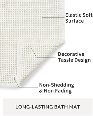 Waffle Bath Mat, Super Absorbent Non Slip Bath Mat Ultra Soft Bathmat Machine Washable Bath Rugs with Tassels, Beside Tub, 24" x 36", White