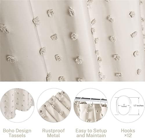 Extra Long Boho Farmhouse Shower Curtain Woven Fabric Beige 84 Inch Shower Curtain, 72 x 84 Tufted Pleat Floral Puffs Textured Modern Farmhouse Minimalist Shower Curtains with Hooks for Bathroom