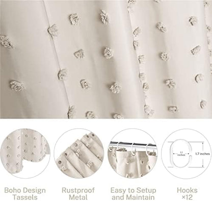 Extra Long Boho Farmhouse Shower Curtain Woven Fabric Beige 84 Inch Shower Curtain, 72 x 84 Tufted Pleat Floral Puffs Textured Modern Farmhouse Minimalist Shower Curtains with Hooks for Bathroom