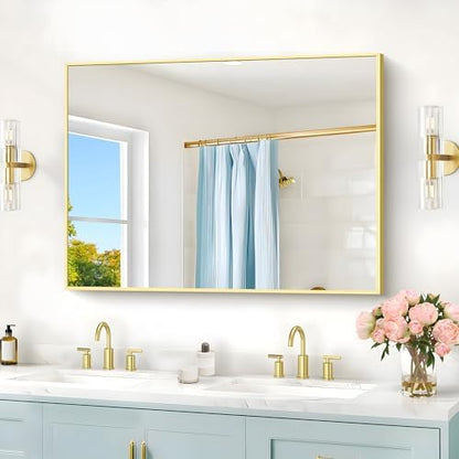 COFENY 30x40In Gold Bathroom Mirror for Wall, Brushed Gold Rectangle Mirrors with Metal Frame, Bathroom Rectangular Mirror Modern Wall Mirror for Bedroom Living Room, Hangs Horizontal or Vertical