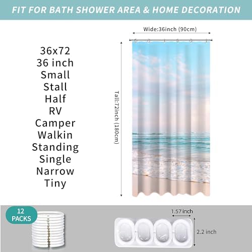 Small Stall RV Half Size Ocean Beach Coastal Seaside Shower Curtain for Bathroom 36W*72H Inch Nautical Summer Beachy Bathtub Decor Waterproof Polyester Fabric Set with 12 Hooks(6 Holes)