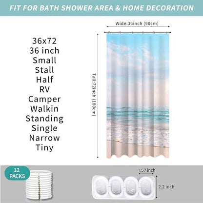 Small Stall RV Half Size Ocean Beach Coastal Seaside Shower Curtain for Bathroom 36W*72H Inch Nautical Summer Beachy Bathtub Decor Waterproof Polyester Fabric Set with 12 Hooks(6 Holes)