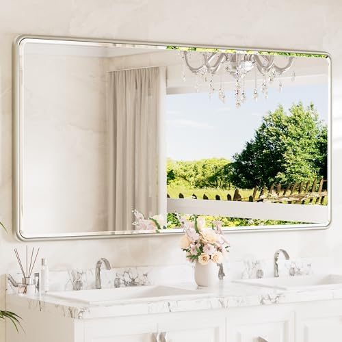 TETOTE Brushed Nickel Framed Bathroom Mirror 72 x 36 Large Beveled Edge Tempered Glass, Rounded Corner Rectangle Bathroom Mirror for Modern Bathroom, Living Room, Bedroom, Entryway