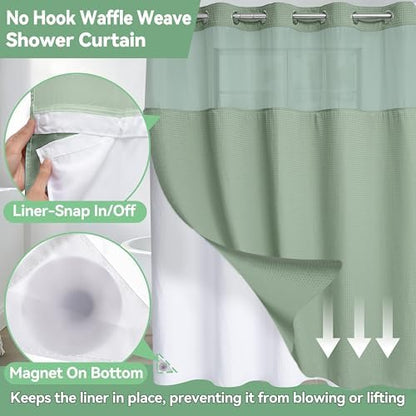 Conbo Mio No Hook Sage Green Waffle Weave Shower Curtain with Snap in Liner Set, Hotel Luxury Shower Curtains for Bathroom with See Through Top Window, Waterproof, Washable 71W x 74H