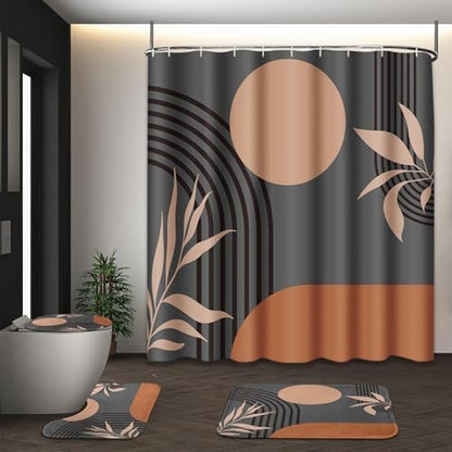 Bathroom Sets with Shower Curtain and Rugs, 4 Pcs, Boho Mid Century