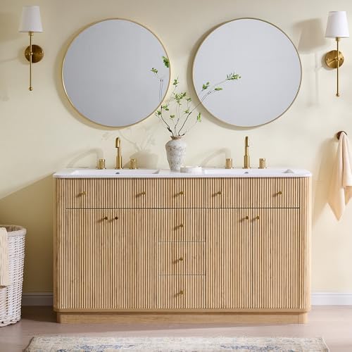 T4TREAM 60" Fluted Bathroom Vanity with Double Sink, Natural Oak