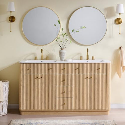 T4TREAM 60" Fluted Bathroom Vanity with Double Sink, Natural Oak