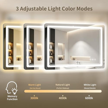 24"x36" LED Bathroom Mirror with Lights, Backlit + Front Lit, Anti-Fog, Lighted Bathroom Mirror for Wall, HD Shatterproof Tempered Glass, Dimmable, Memory Function (Horizontal/Vertical)