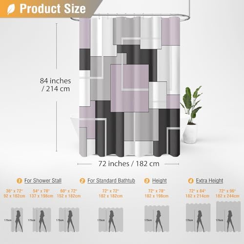 BTTN 72x84 Tall Modern Geometric Waterproof Fabric Shower Curtain, Lavender