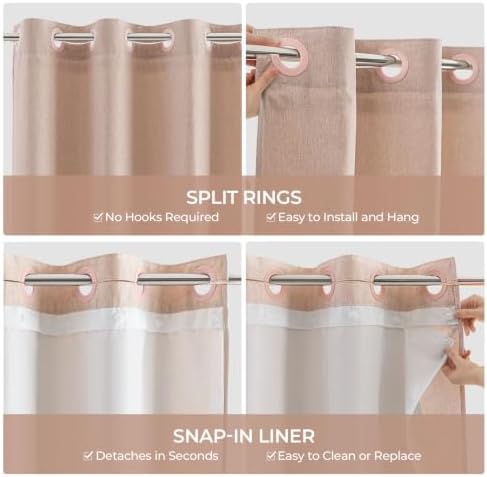River Dream Linen Textured No Hooks Shower Curtain with Liner,Pink,71x74