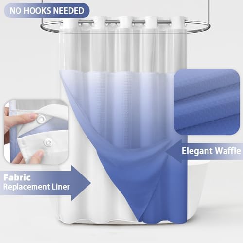 No Hook Shower Curtain with Liner Hotel Waffle Ombre Light Blue 72W X 75L