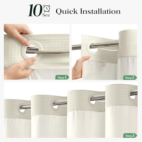 Dynamene Cream Hook Free Waffle Shower Curtain & Snap-in Fabric Liner,72x81
