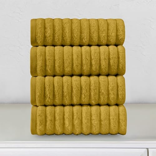 Elegant Comfort Luxury 100% Turkish Cotton Corduroy Ribbed 4 Pack Hand Towel Set 16 x 28 Inch - Absorbent, Super Soft, Quick Dry, Premium Towels for Bathroom, Gym, Spa and Hotel Use, Gold