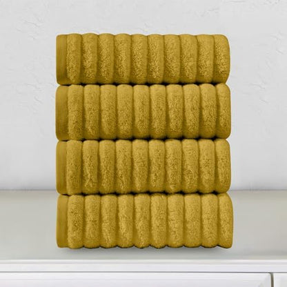 Elegant Comfort Luxury 100% Turkish Cotton Corduroy Ribbed 4 Pack Hand Towel Set 16 x 28 Inch - Absorbent, Super Soft, Quick Dry, Premium Towels for Bathroom, Gym, Spa and Hotel Use, Gold
