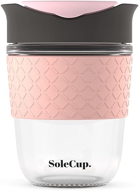 Reusable Strengthened Glass Travel Cup - Spill Proof Coffee Mug - 12oz/340ml BPA-Free Hot Drink Travel Mug with Lid & Silicone Band (Gray and Pink, 12oz)