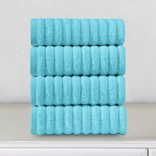 Elegant Comfort Luxury 100% Turkish Cotton Corduroy Ribbed 4 Pack Hand Towel Set 16 x 28 Inch - Absorbent, Super Soft, Quick Dry, Premium Towels for Bathroom, Gym, Spa and Hotel Use, Aqua