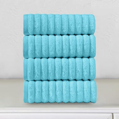 Elegant Comfort Luxury 100% Turkish Cotton Corduroy Ribbed 4 Pack Hand Towel Set 16 x 28 Inch - Absorbent, Super Soft, Quick Dry, Premium Towels for Bathroom, Gym, Spa and Hotel Use, Aqua