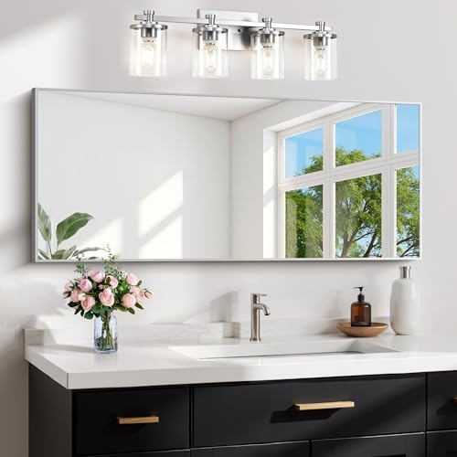 COFENY 48x24In Silver Bathroom Mirror for Wall, Brushed Nickel Rectangle Mirrors with Metal Frame, Bathroom Rectangular Mirror Modern Wall Mirror for Bedroom Living Room, Hangs Horizontal or Vertical