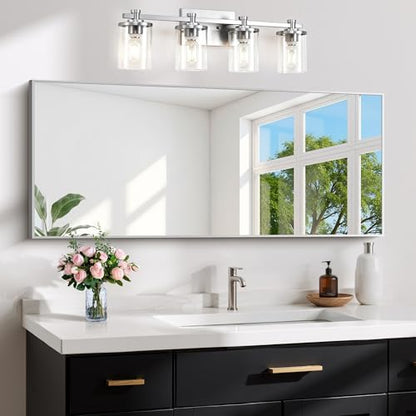 COFENY 48x24In Silver Bathroom Mirror for Wall, Brushed Nickel Rectangle Mirrors with Metal Frame, Bathroom Rectangular Mirror Modern Wall Mirror for Bedroom Living Room, Hangs Horizontal or Vertical