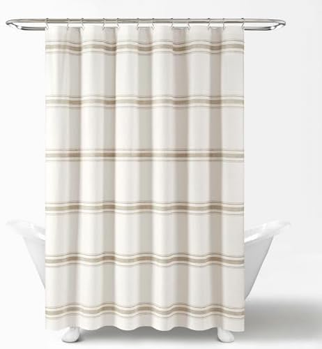Lush Decor Farmhouse Stripe Cotton Shower Curtain, 72" W x 72" L, Neutral - Striped Bathroom Curtain - Fabric Shower Curtains - Farmhouse Bathroom Decor