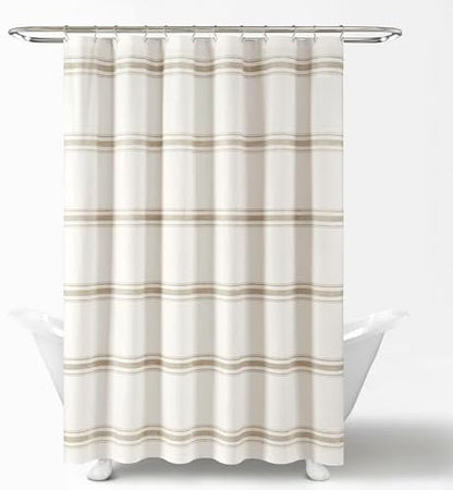 Lush Decor Farmhouse Stripe Cotton Shower Curtain, 72" W x 72" L, Neutral - Striped Bathroom Curtain - Fabric Shower Curtains - Farmhouse Bathroom Decor