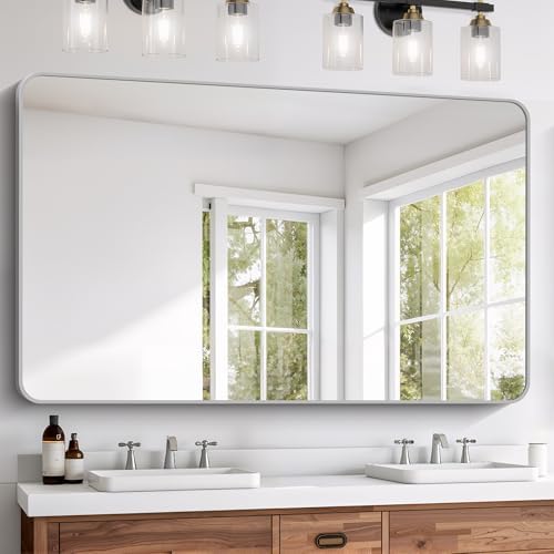 FORBATH 60x36 Inch Silver Bathroom Mirror for Over Sink, Large and Wide Rectangular Wall Mirror with Metal Frame, Rounded Corners for Bathroom, Bedroom, Entryway Decor (Horizontal or Vertical)