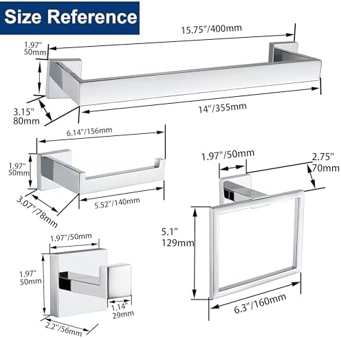 5 Pieces Bathroom Hardware Accessories Set Polished Chrome, 16Inch Bathroom Towel Rack Set SUS304 Stainless Steel, Square Bath Towel bar Set Heavy Duty, Wall Mounted