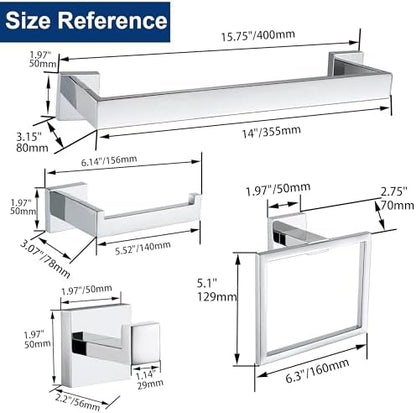 5 Pieces Bathroom Hardware Accessories Set Polished Chrome, 16Inch Bathroom Towel Rack Set SUS304 Stainless Steel, Square Bath Towel bar Set Heavy Duty, Wall Mounted