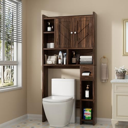 Shintenchi Over the Toilet Storage Cabinet, Bathroom Storage Cabient with Barn Doors, Bathroom Storage Shelf Organizer with Toilet Paper Holder, Adjustable Shelf and Anti-Tip Device, Walnut