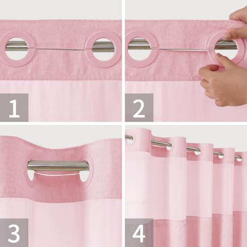 eachope No Hook Linen Texture Shower Curtain with Snap-in Liner,71x86 Pink