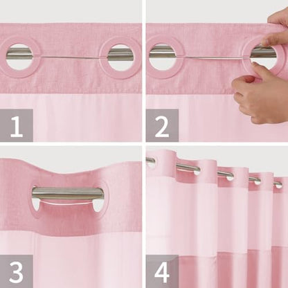 eachope No Hook Linen Texture Shower Curtain with Snap-in Liner,71x74 Pink