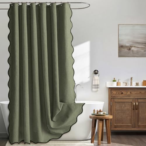 MIULEE Olive Green Scalloped Linen Shower Curtain 72x72 Inches