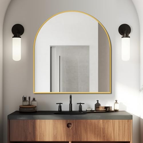 FICTOR 30" x 32" Arched Bathroom Vanity Mirror for Over Sink, Gold