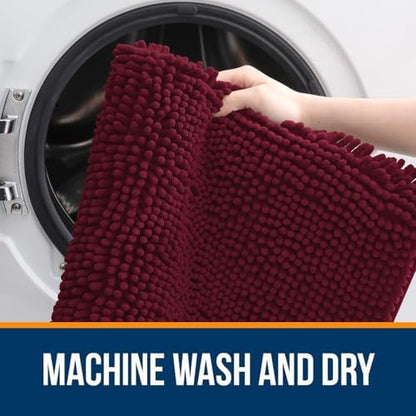 OLANLY Chenille Bathroom Rugs Mats Sets 2 Piece, 36"x24"+24"x20", Burgundy