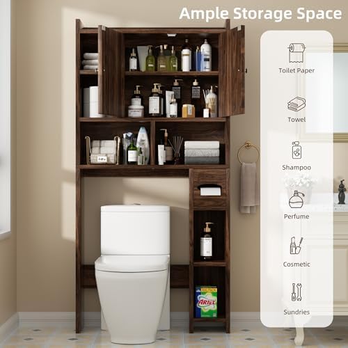 Shintenchi Over the Toilet Storage Cabinet, Bathroom Storage Cabient with Barn Doors, Bathroom Storage Shelf Organizer with Toilet Paper Holder, Adjustable Shelf and Anti-Tip Device, Walnut