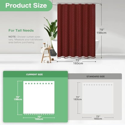 Dynamene Long Boho Farmhouse Shower Curtain Tufted Chevron 72x78 Burgundy