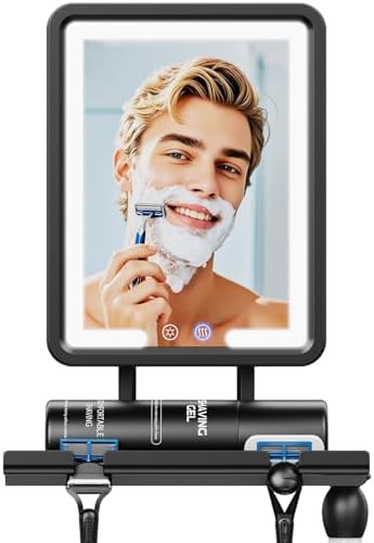 Heated Shower Mirror Fogless for Shaving (Gen 3) - 3 Colors Stepless Dimmable Lights, Anti-Fog Shaving Mirror with Razor Holder, No-Drilling, Removable - Black