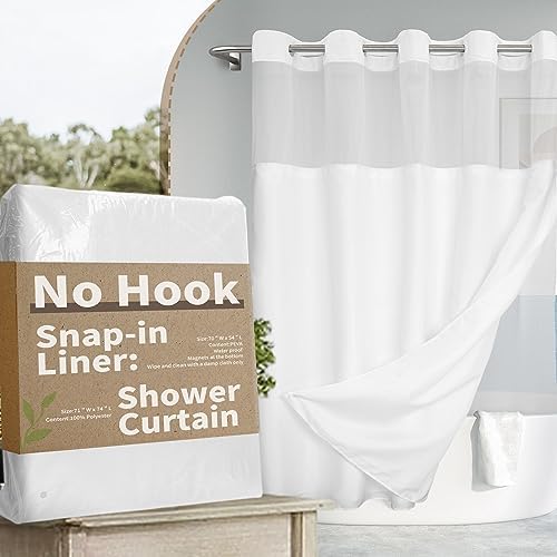 River Dream No Hook Shower Curtain with Snap-in Liner Set, White, 71x74