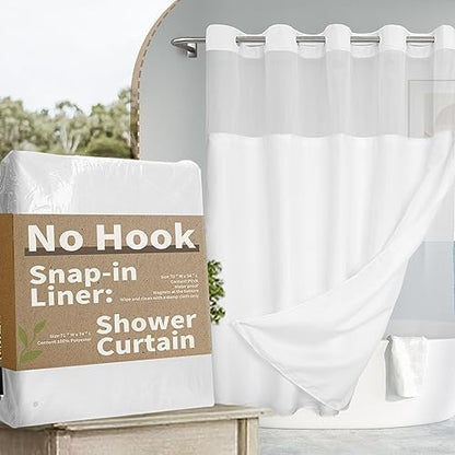 River Dream No Hook Shower Curtain with Snap-in Liner Set, White, 71x74