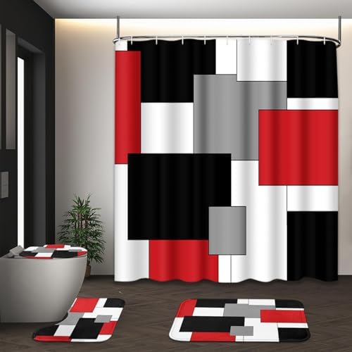 Bathroom Sets with Shower Curtain and Rugs, 4 Pcs, Red Geometric