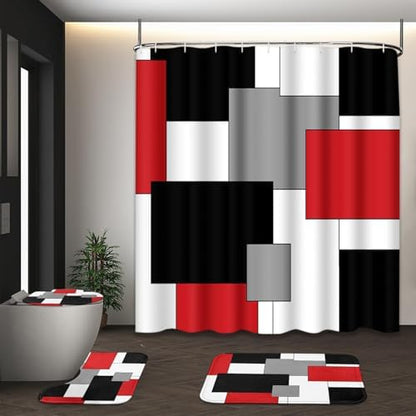 Bathroom Sets with Shower Curtain and Rugs, 4 Pcs, Red Geometric
