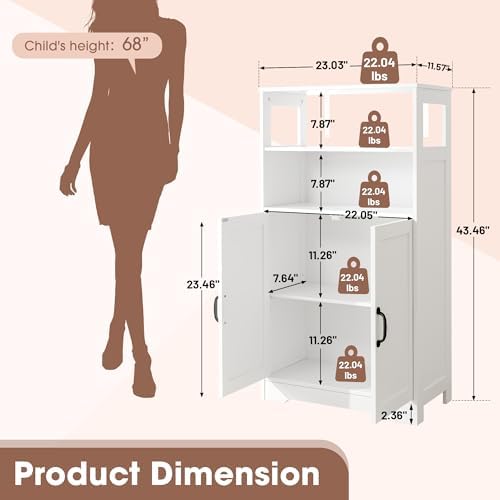 GRUSIGN 43.3" H Bathroom Storage Cabinet with Doors, Freestanding Small Bathroom Cabinet Organizer, Farmhouse Cupboard, Adjustable Shelves, for Laundry Room, Kitchen, Living Room, White