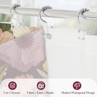 3 in 1 Boho Purple Shower Curtain Set with PEVA Liner & 12 Hooks, 72 x 72