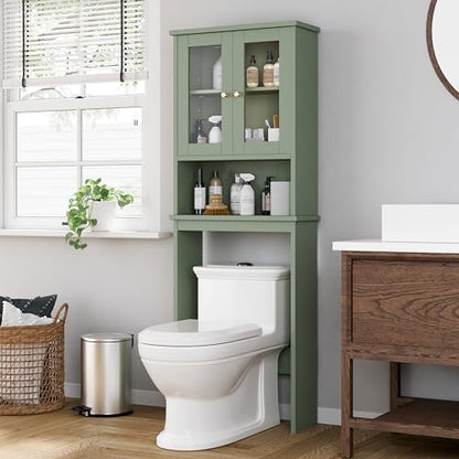 Shintenchi Over the Toilet Storage Cabinet, Bathroom Shelf Organizer with Anti-Tip Device Small Freestanding Space Saver with Adjustable Shelf and Glass Door, Green
