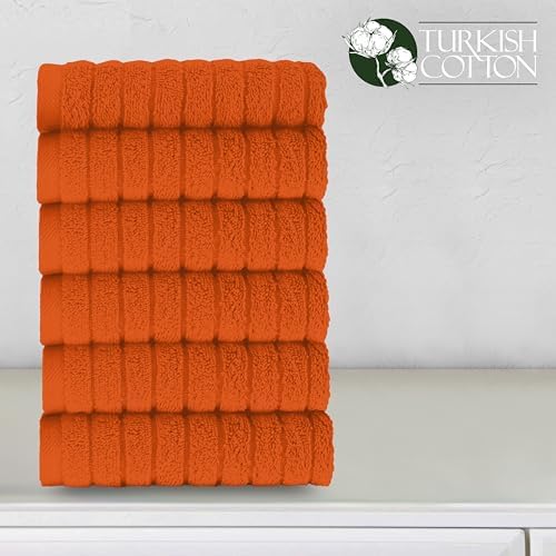 Elegant Comfort 100% Turkish Cotton Corduroy Ribbed Luxury Washcloths 6 Pack Soft 13 x 13 Inch - Higly Absorbent, Durable, Quick Dry, Spa Premium Hotel Quality for Bathroom or Travel, Orange