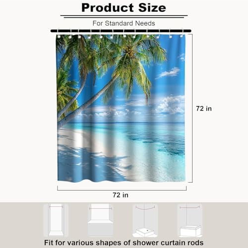 Beach Modern Ocean Shower Curtain, Rustic Coastal Nautical Palm Tree Shower Curtains for Bathroom, Waterproof Bath Curtain with Hooks Machine Washable Bathtub Curtains 72x72 Inch Green Blue
