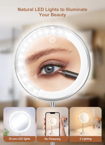 10x Magnifying Mirror with Light,Gooseneck Travel Make up Mirror 3 Lighting