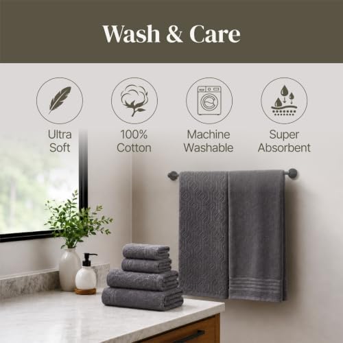 Modern Threads 6 Piece Bath Towel Set – Bathroom Towel Set with 2 Bath Towels, 2 Hand Towels & 2 Washcloths – 100% Cotton, Soft & Absorbent – Geometric (Charcoal)
