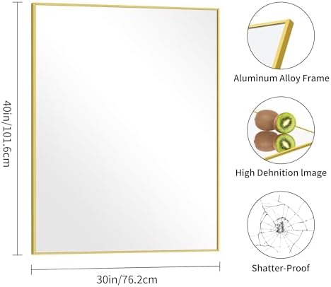 COFENY 30x40In Gold Bathroom Mirror for Wall, Brushed Gold Rectangle Mirrors with Metal Frame, Bathroom Rectangular Mirror Modern Wall Mirror for Bedroom Living Room, Hangs Horizontal or Vertical